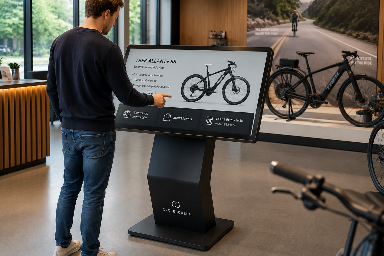 CycleScreen kiosk in een premium fietsenshowroom